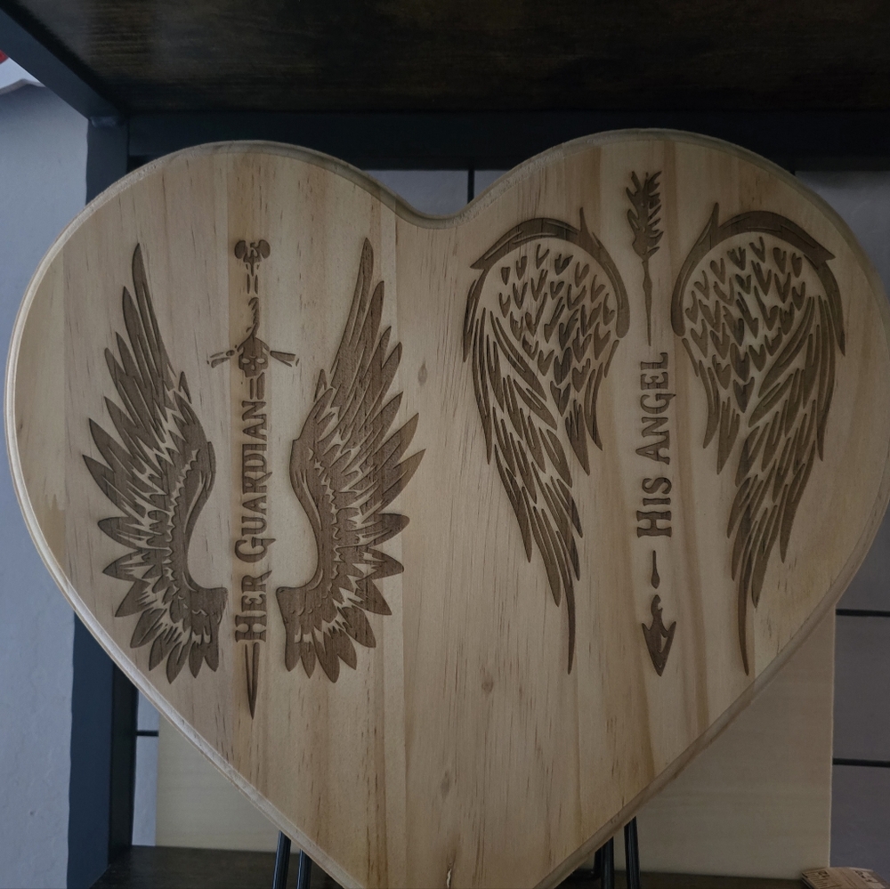 Her Guardian, His Angel 12" Heart-Shaped Laser Engraved Wooden Plaque